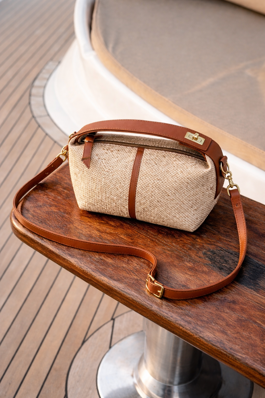 Hasır & Deri Detaylı Mini Crossbody Çanta