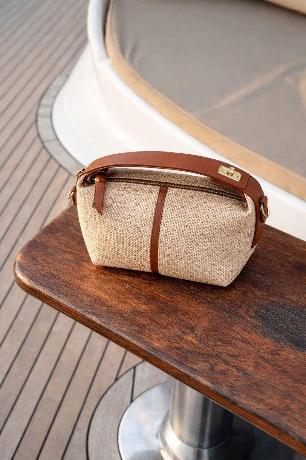 Hasır & Deri Detaylı Mini Crossbody Çanta