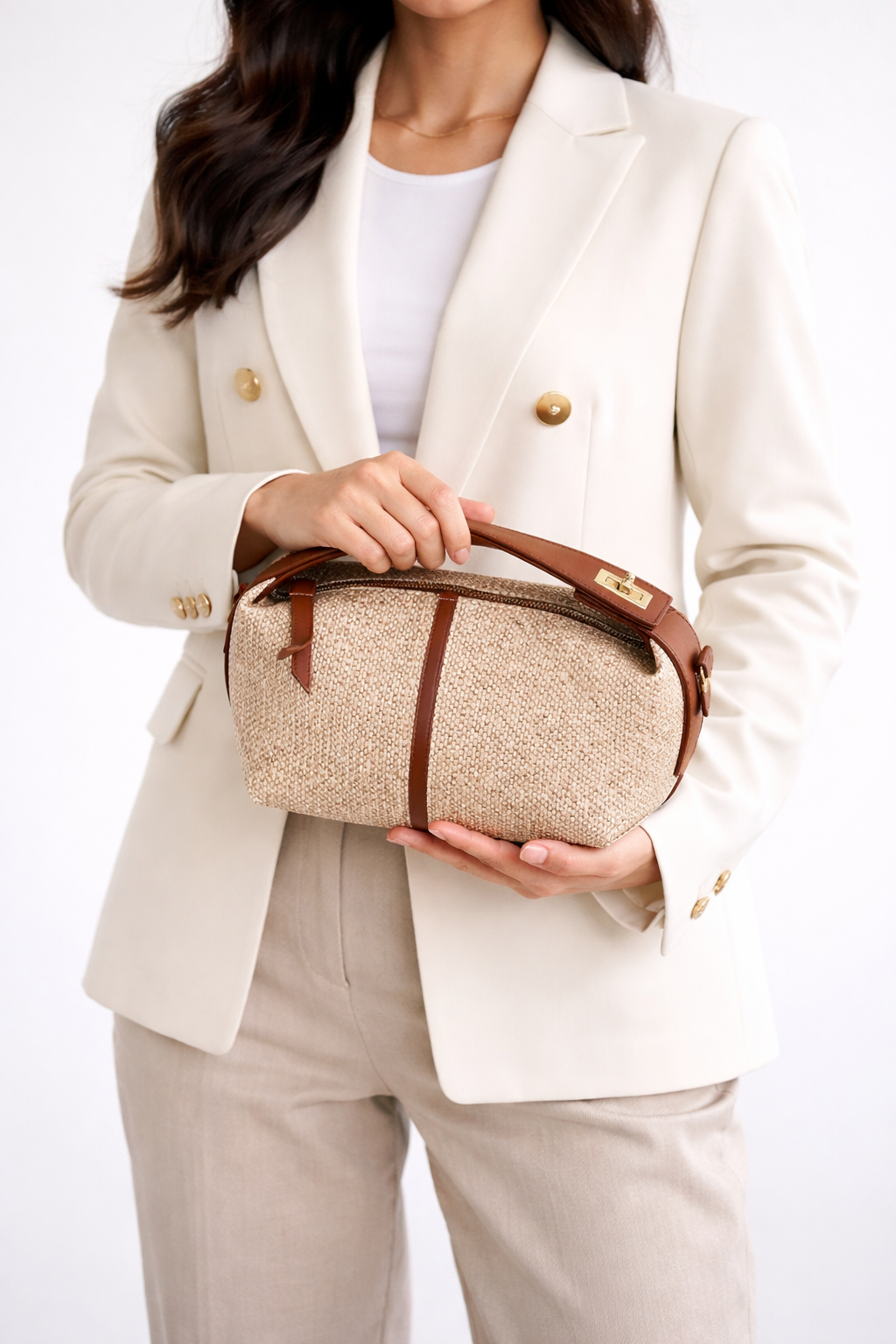 Hasır & Deri Detaylı Mini Crossbody Çanta